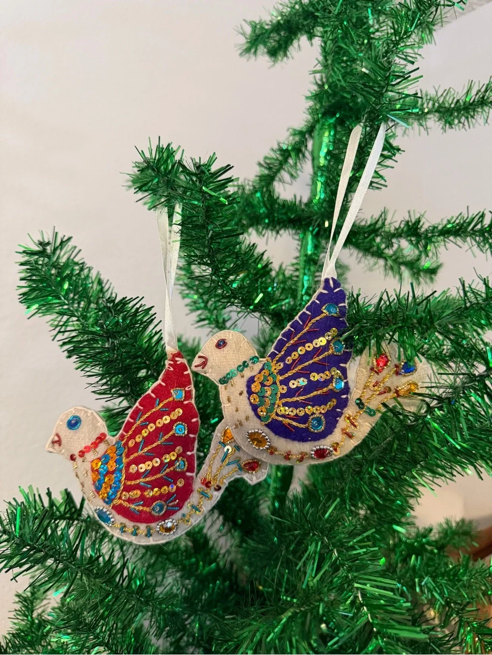 Bird Christmas Bauble Ornaments Small Multicolor Fabric Sequin Set Of 2 Hanging